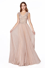 Long Cap Sleeve Metallic Lace Dress by Cinderella Divine HT011