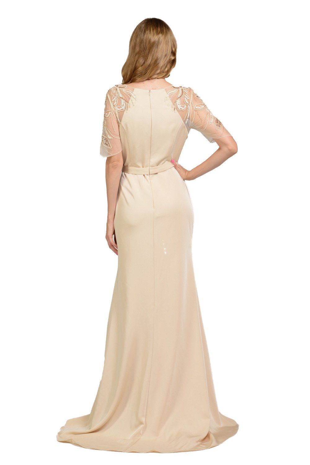 Long Champagne Dress with Embroidered Sleeves by Poly USA-Long Formal Dresses-ABC Fashion