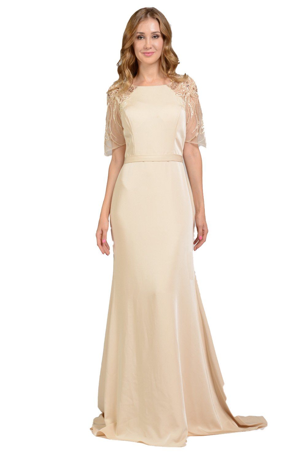 Long Champagne Dress with Embroidered Sleeves by Poly USA-Long Formal Dresses-ABC Fashion