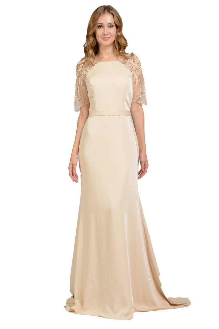 Long Champagne Dress with Embroidered Sleeves by Poly USA-Long Formal Dresses-ABC Fashion