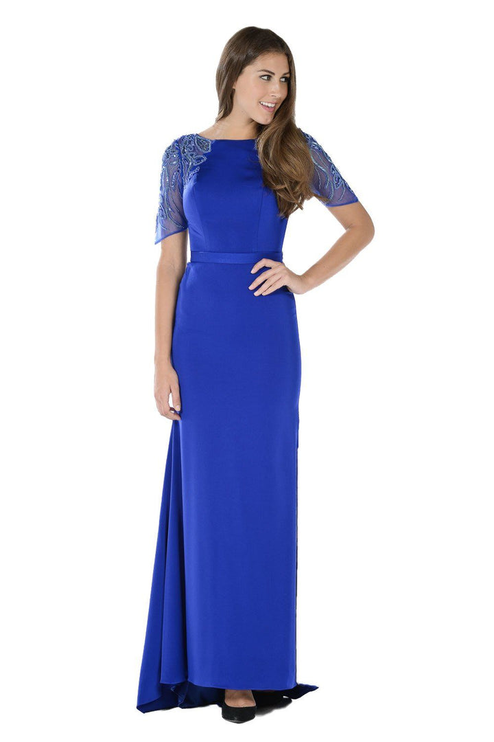 Long Champagne Dress with Embroidered Sleeves by Poly USA-Long Formal Dresses-ABC Fashion