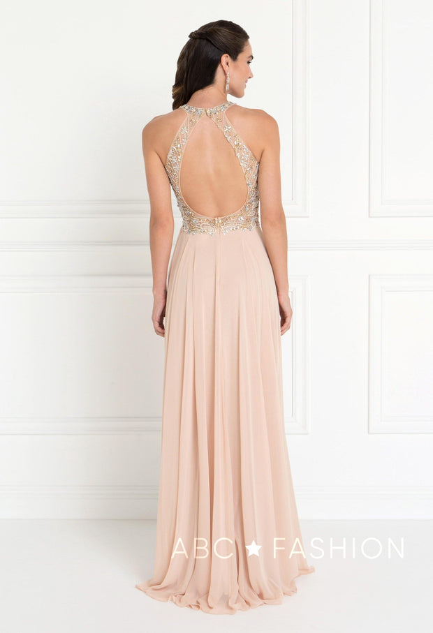 Long Champagne Dress with Jeweled Bodice by Elizabeth K GL1564-Long Formal Dresses-ABC Fashion