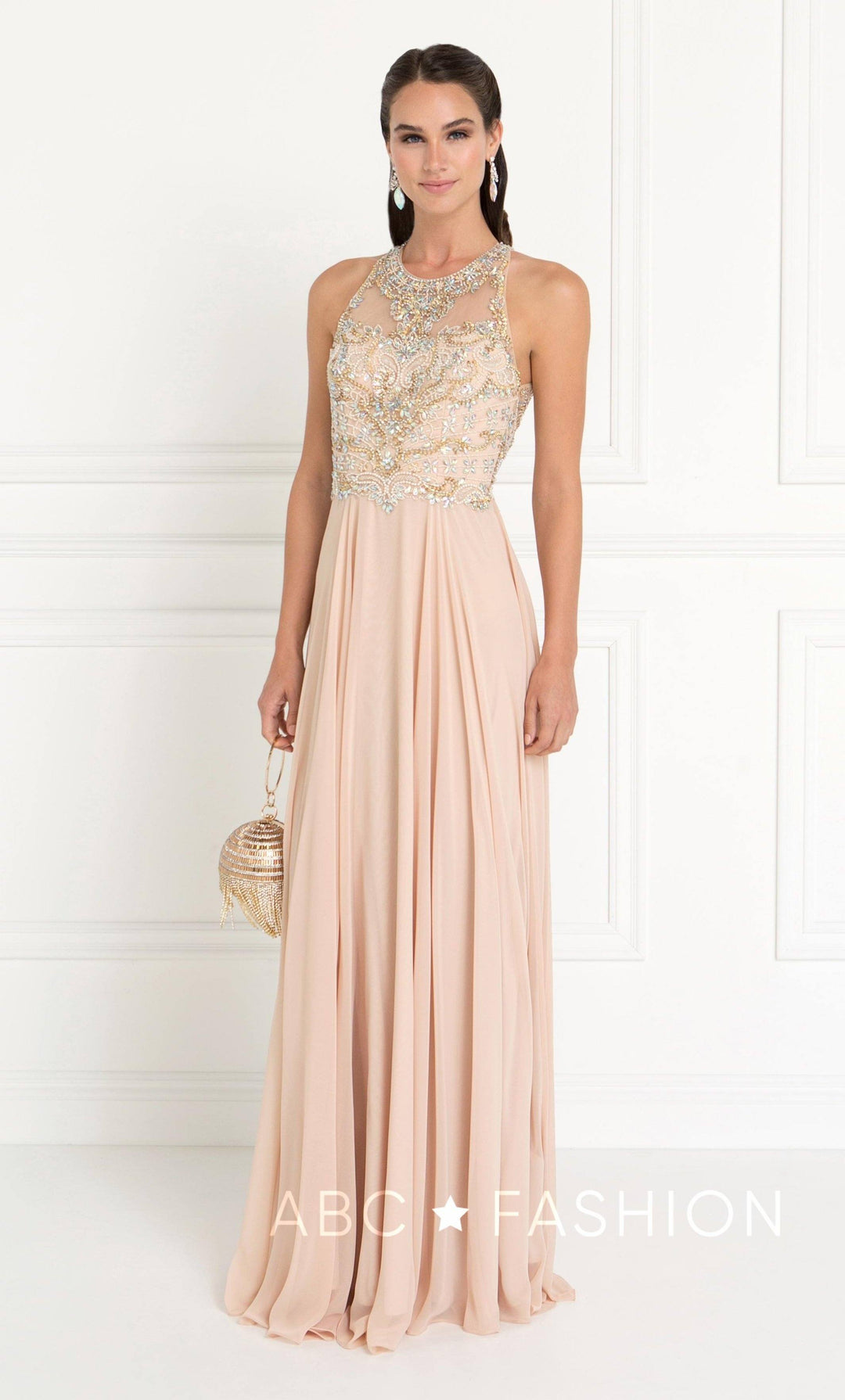 Long Champagne Dress with Jeweled Bodice by Elizabeth K GL1564-Long Formal Dresses-ABC Fashion