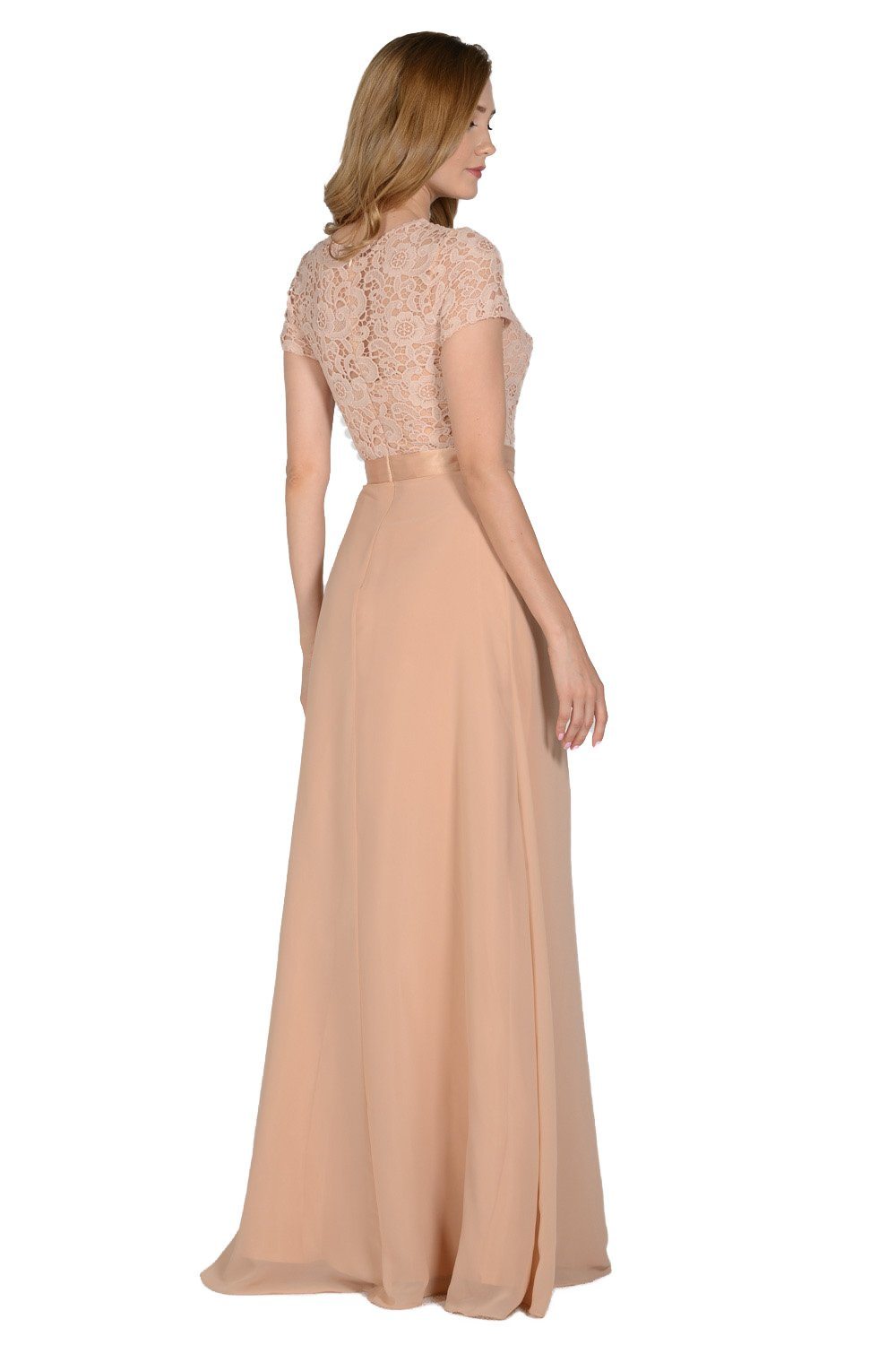 Long Champagne Dress with Short-Sleeved Lace Bodice by Poly USA-Long Formal Dresses-ABC Fashion
