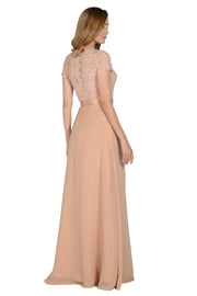 Long Champagne Dress with Short-Sleeved Lace Bodice by Poly USA-Long Formal Dresses-ABC Fashion