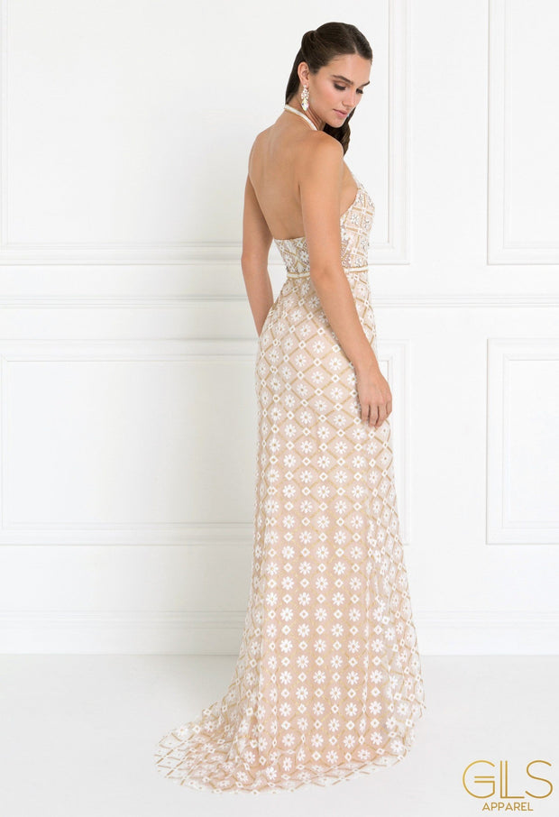 Long Champagne Halter Floral Print Dress by Elizabeth K GL1548-Long Formal Dresses-ABC Fashion