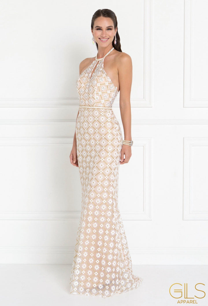 Long Champagne Halter Floral Print Dress by Elizabeth K GL1548-Long Formal Dresses-ABC Fashion