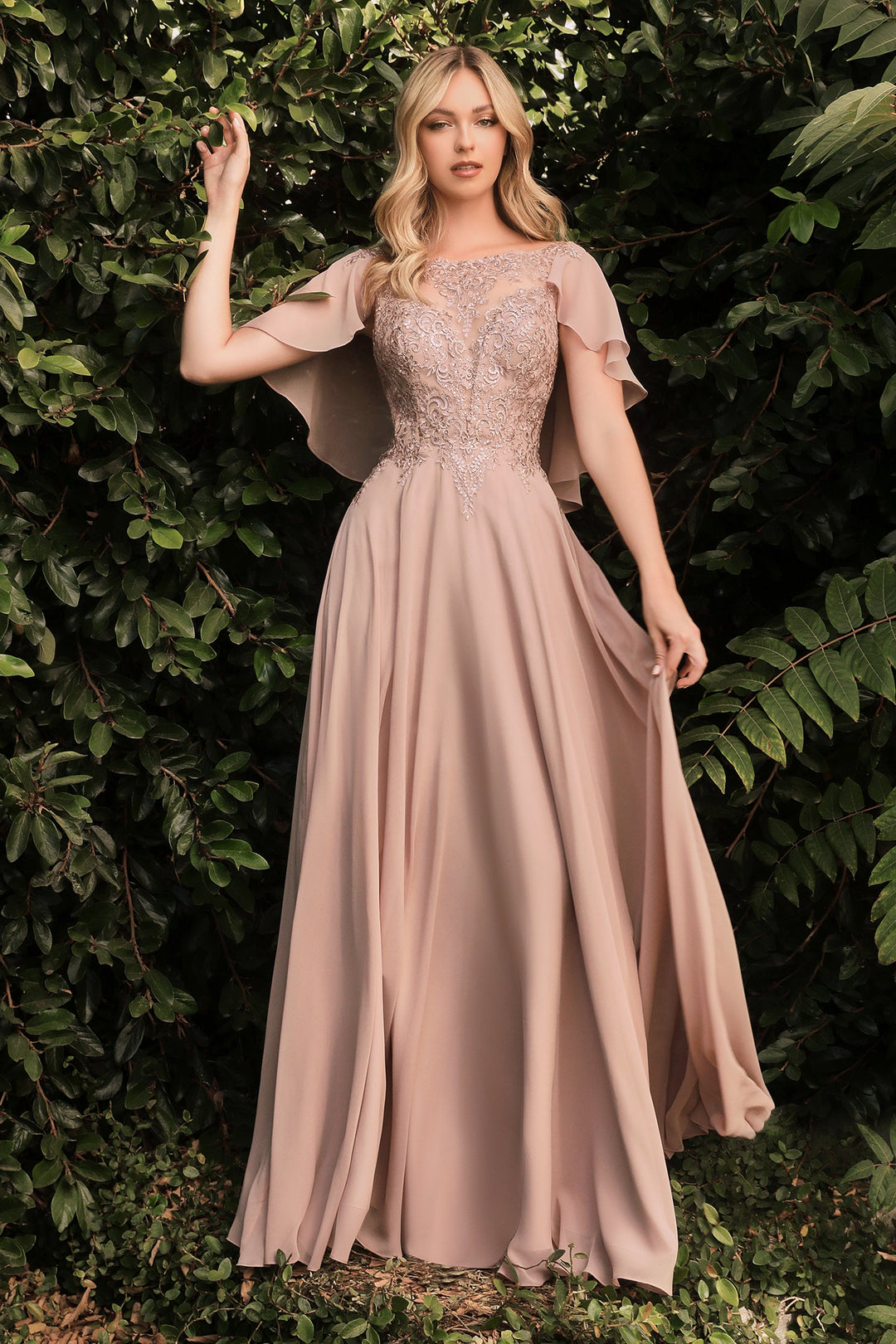 Long Chiffon Capelet Dress by Cinderella Divine HT101