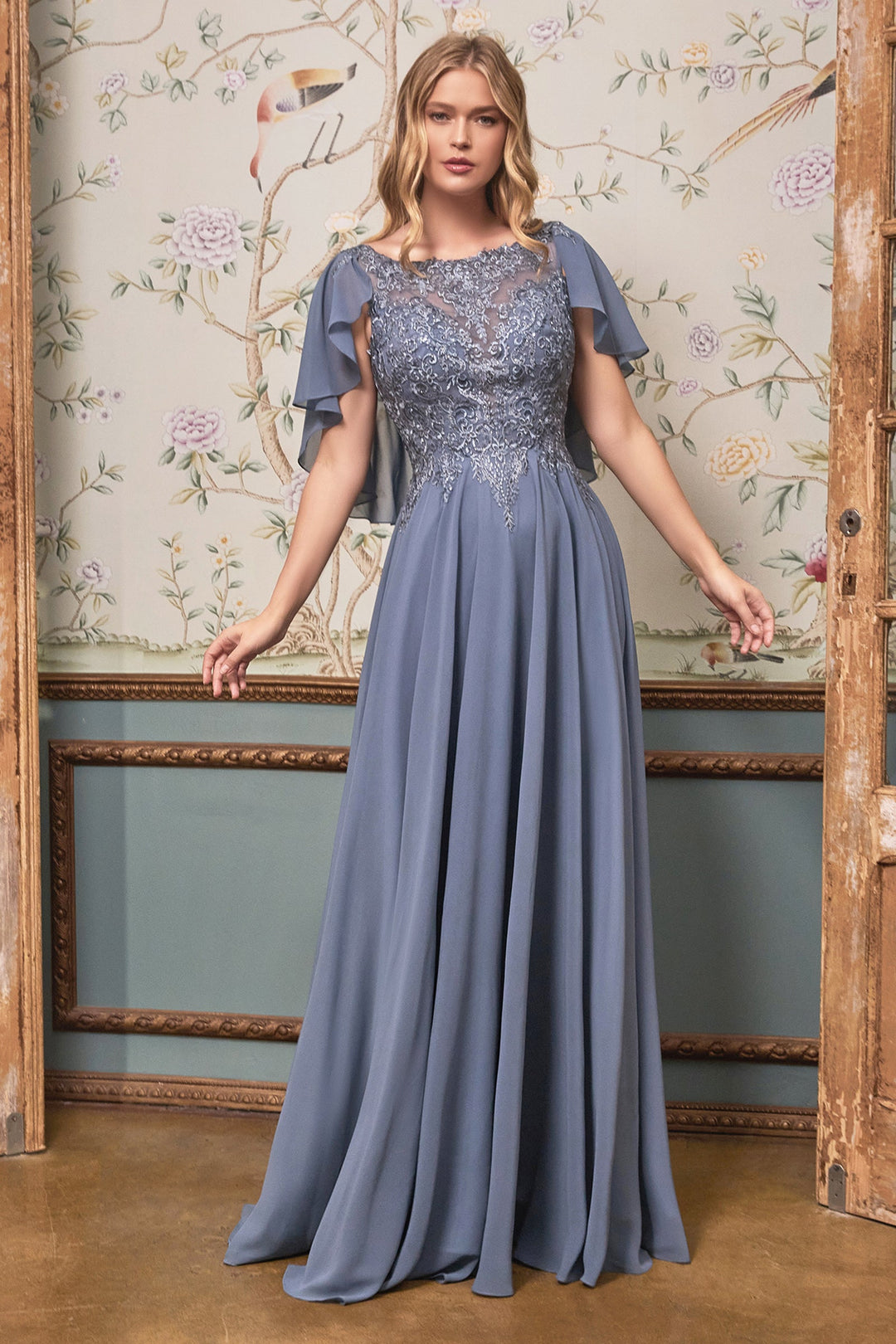 Long Chiffon Capelet Dress by Cinderella Divine HT101
