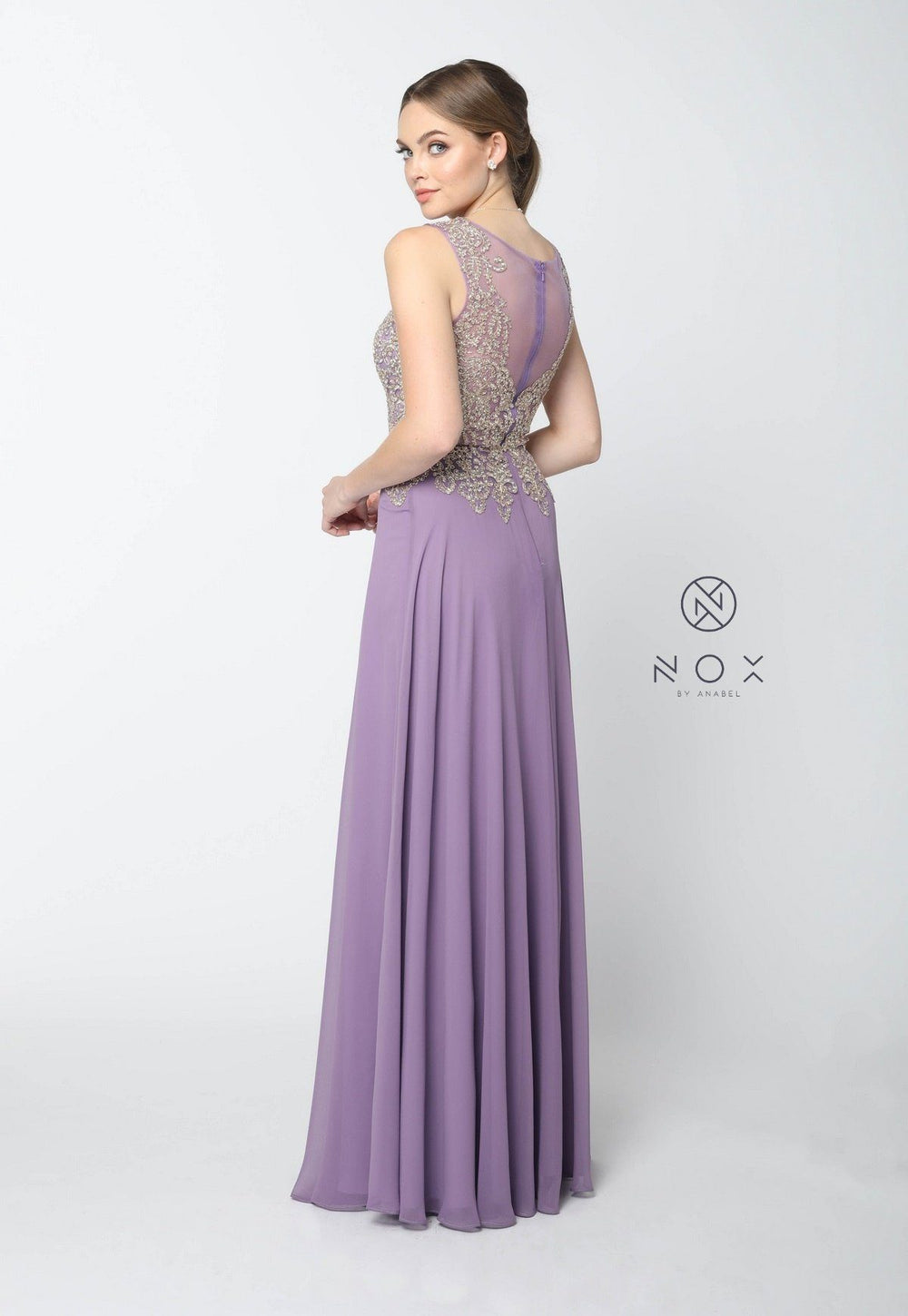 Long Chiffon Dress with Appliqued Bodice by Nox Anabel Y100-Long Formal Dresses-ABC Fashion