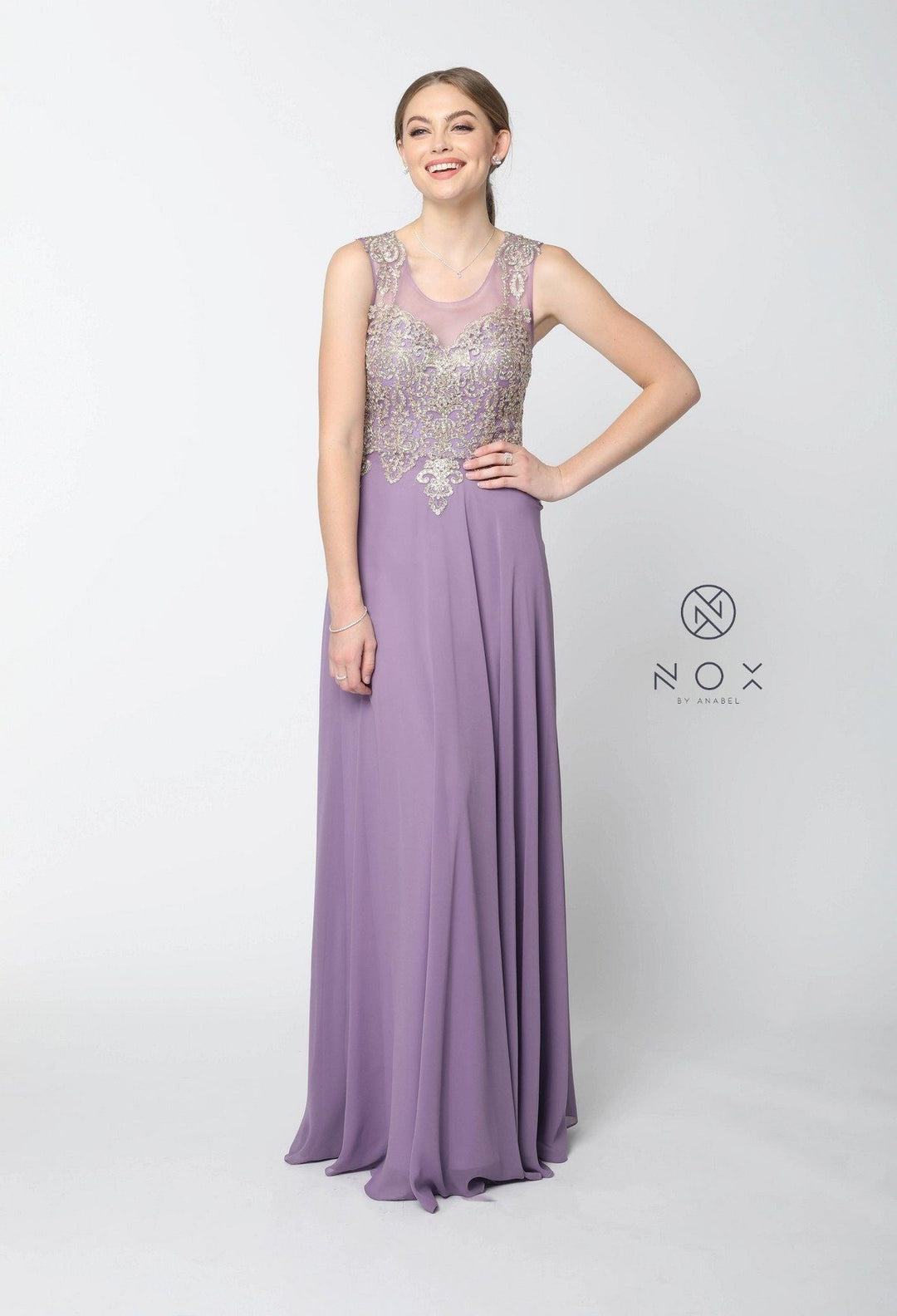 Long Chiffon Dress with Appliqued Bodice by Nox Anabel Y100-Long Formal Dresses-ABC Fashion