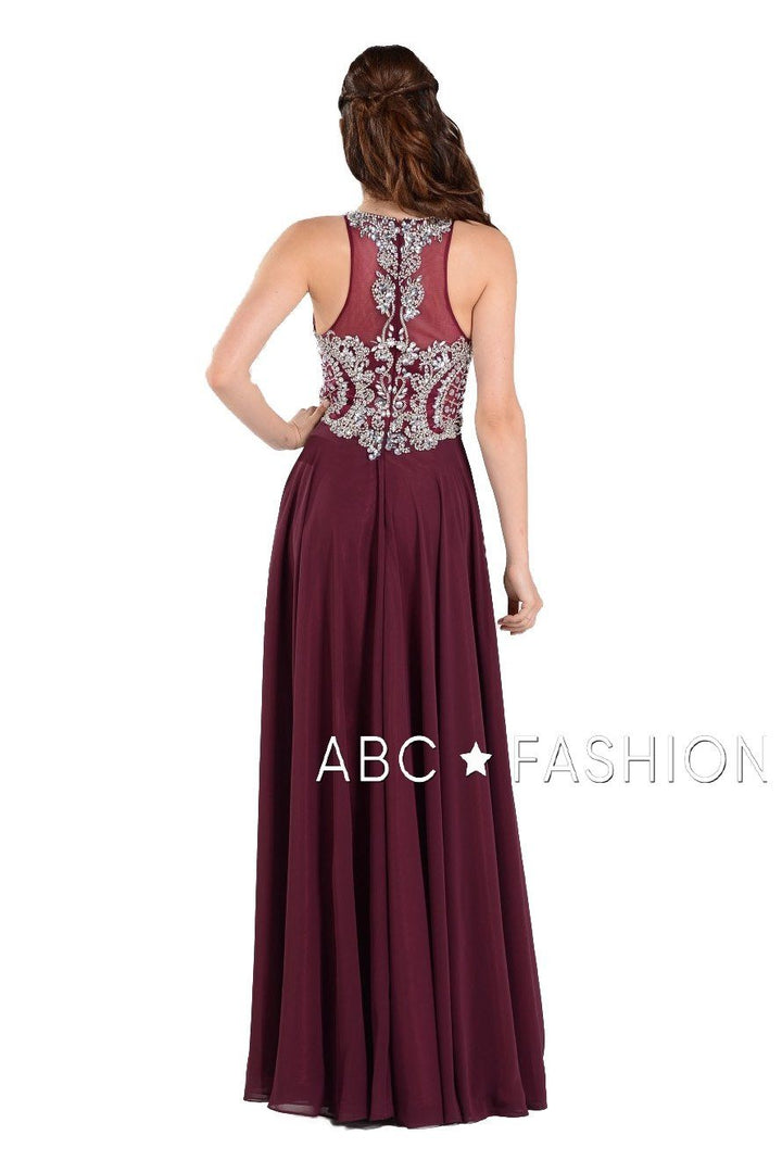 Long Chiffon Dress with Beaded Illusion Bodice by Poly USA 7912-Long Formal Dresses-ABC Fashion