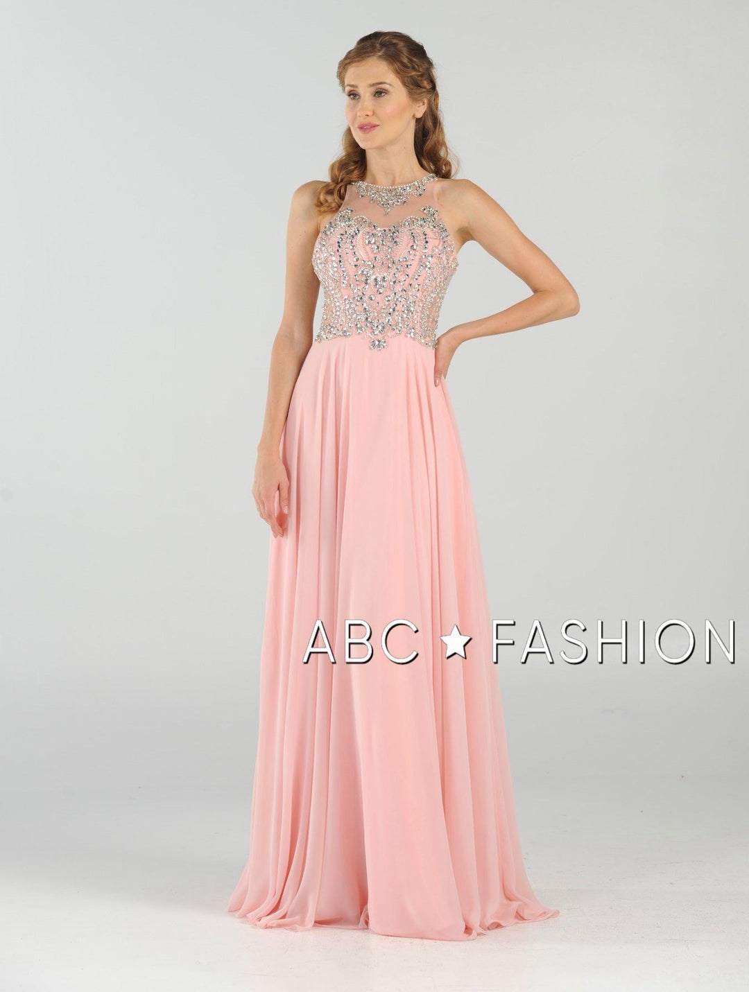 Long Chiffon Dress with Beaded Illusion Bodice by Poly USA 7912-Long Formal Dresses-ABC Fashion