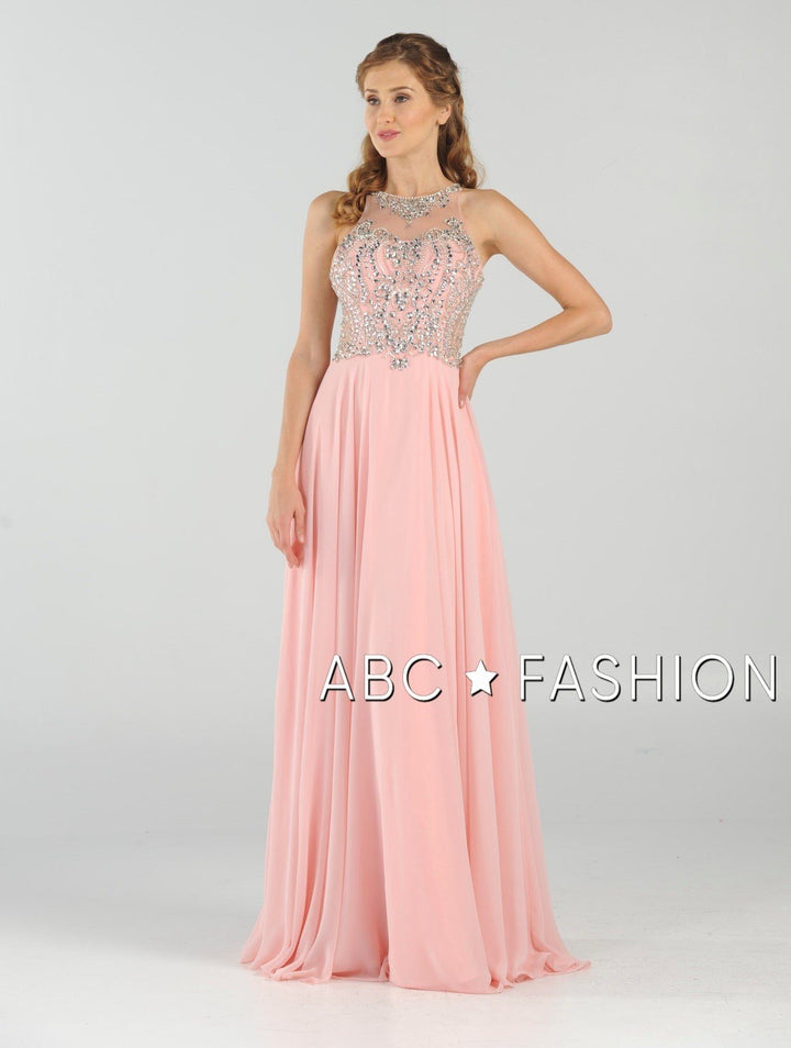 Long Chiffon Dress with Beaded Illusion Bodice by Poly USA 7912-Long Formal Dresses-ABC Fashion