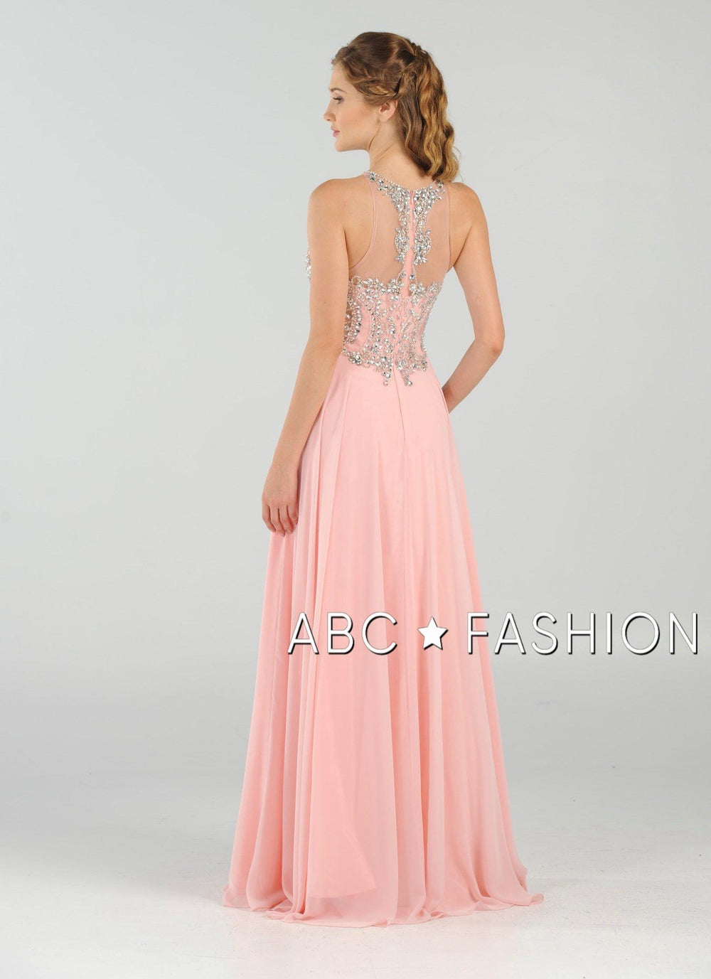 Long Chiffon Dress with Beaded Illusion Bodice by Poly USA 7912-Long Formal Dresses-ABC Fashion