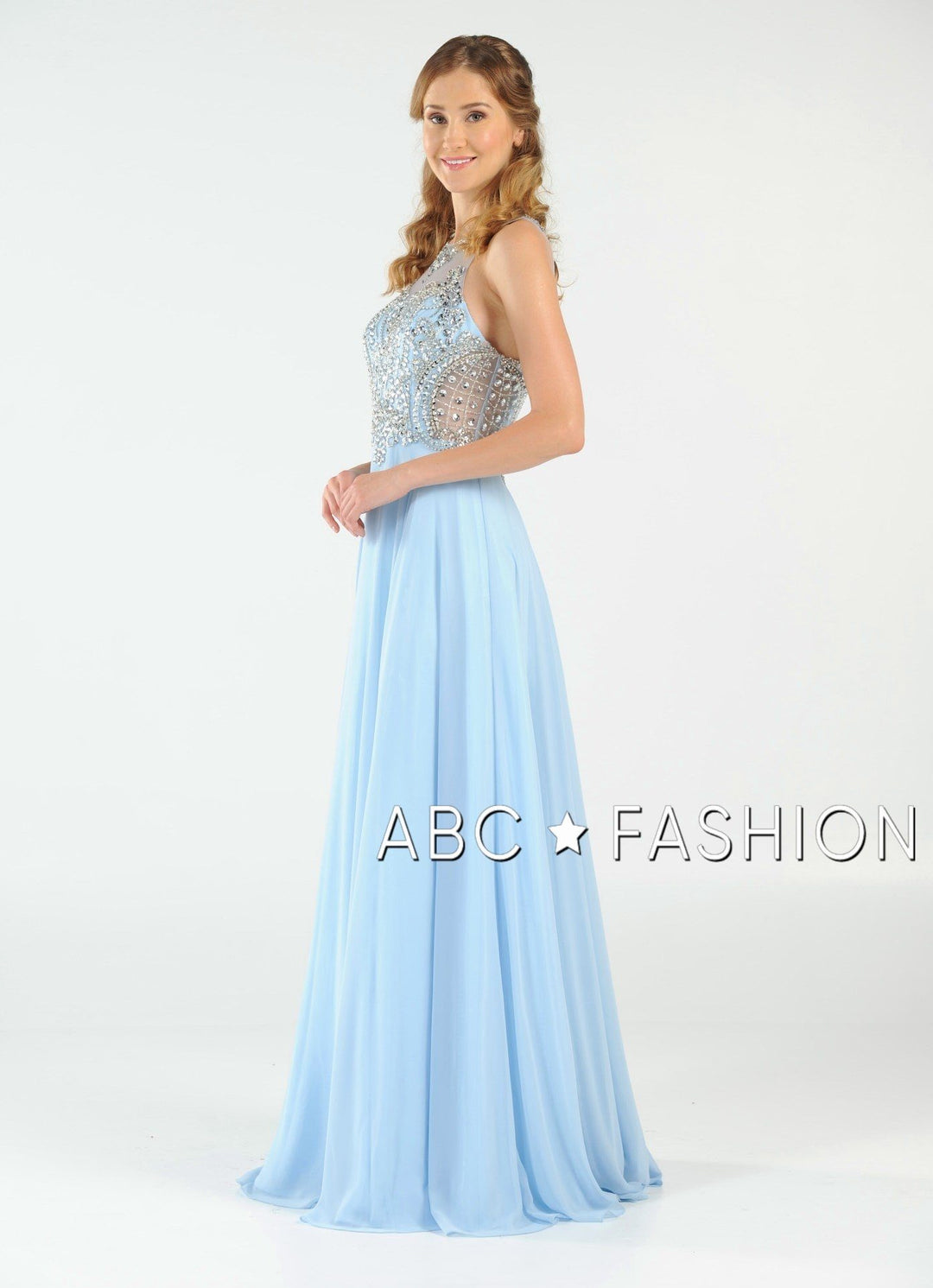Long Chiffon Dress with Beaded Illusion Bodice by Poly USA 7912-Long Formal Dresses-ABC Fashion