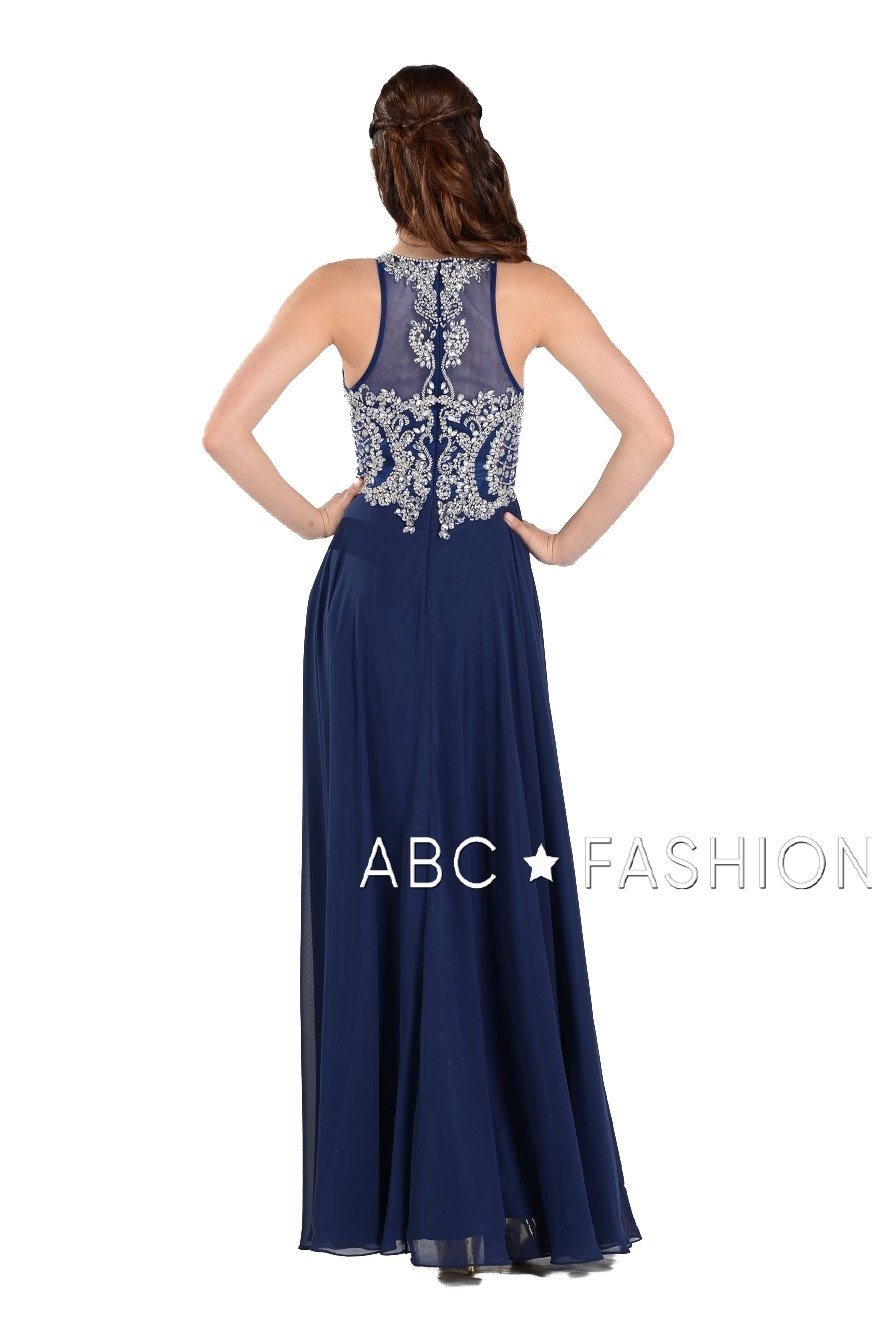 Long Chiffon Dress with Beaded Illusion Bodice by Poly USA 7912-Long Formal Dresses-ABC Fashion