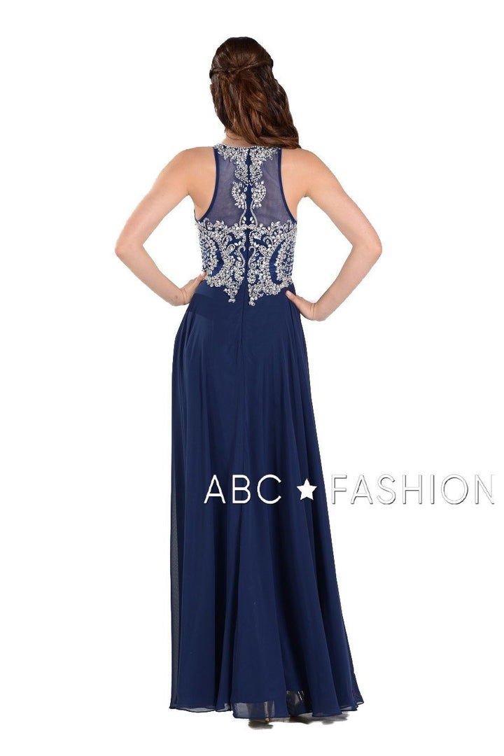 Long Chiffon Dress with Beaded Illusion Bodice by Poly USA 7912-Long Formal Dresses-ABC Fashion