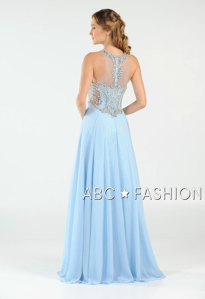 Long Chiffon Dress with Beaded Illusion Bodice by Poly USA 7912-Long Formal Dresses-ABC Fashion