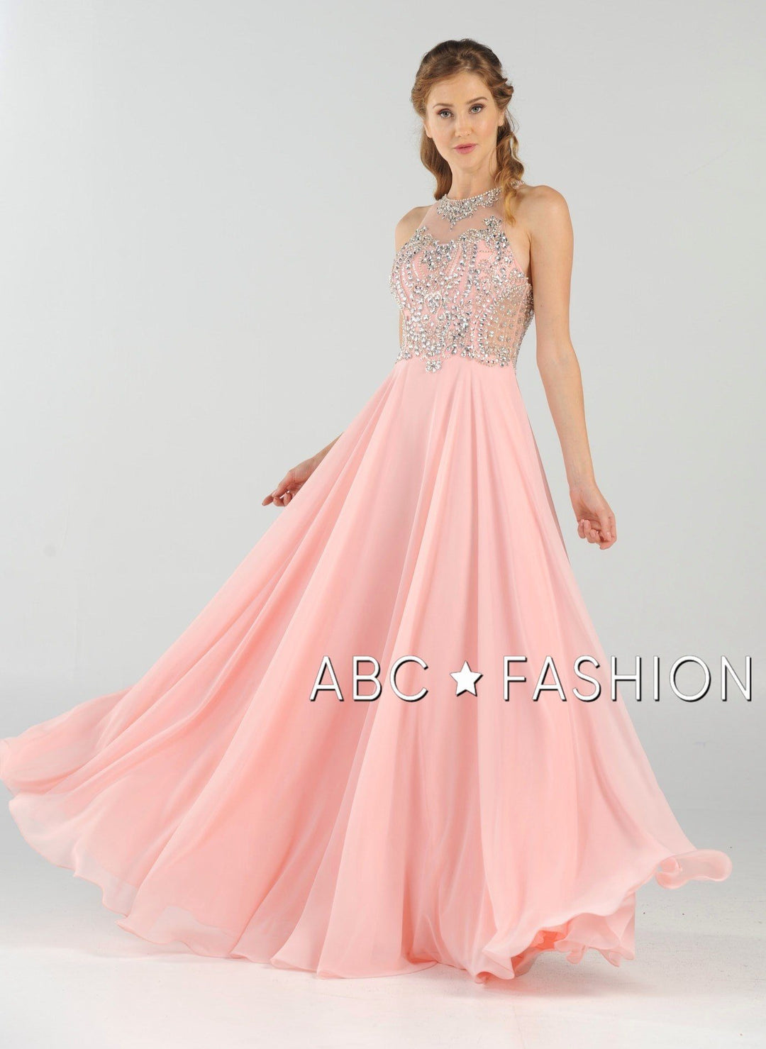 Long Chiffon Dress with Beaded Illusion Bodice by Poly USA 7912-Long Formal Dresses-ABC Fashion
