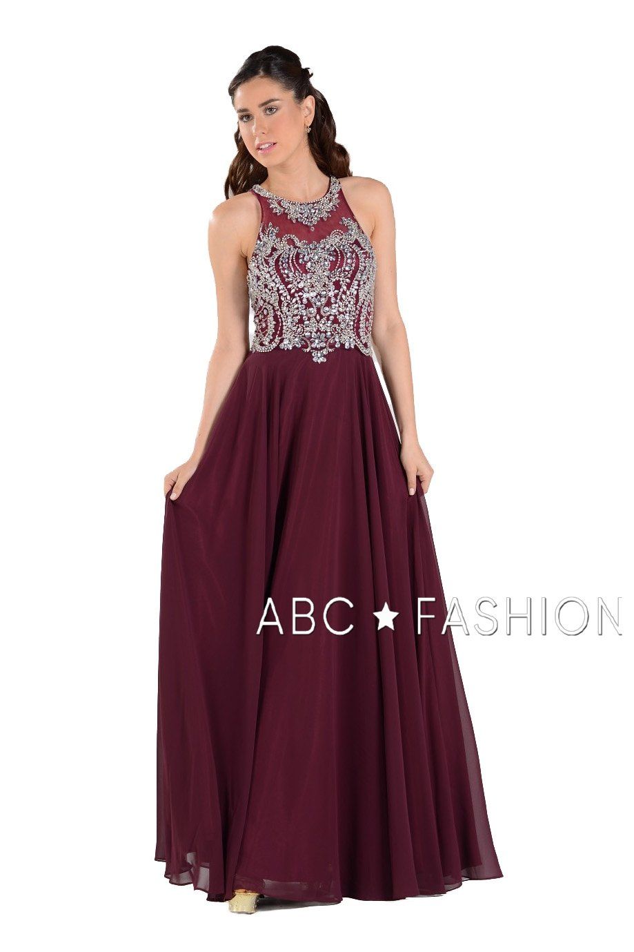 Long Chiffon Dress with Beaded Illusion Bodice by Poly USA 7912-Long Formal Dresses-ABC Fashion