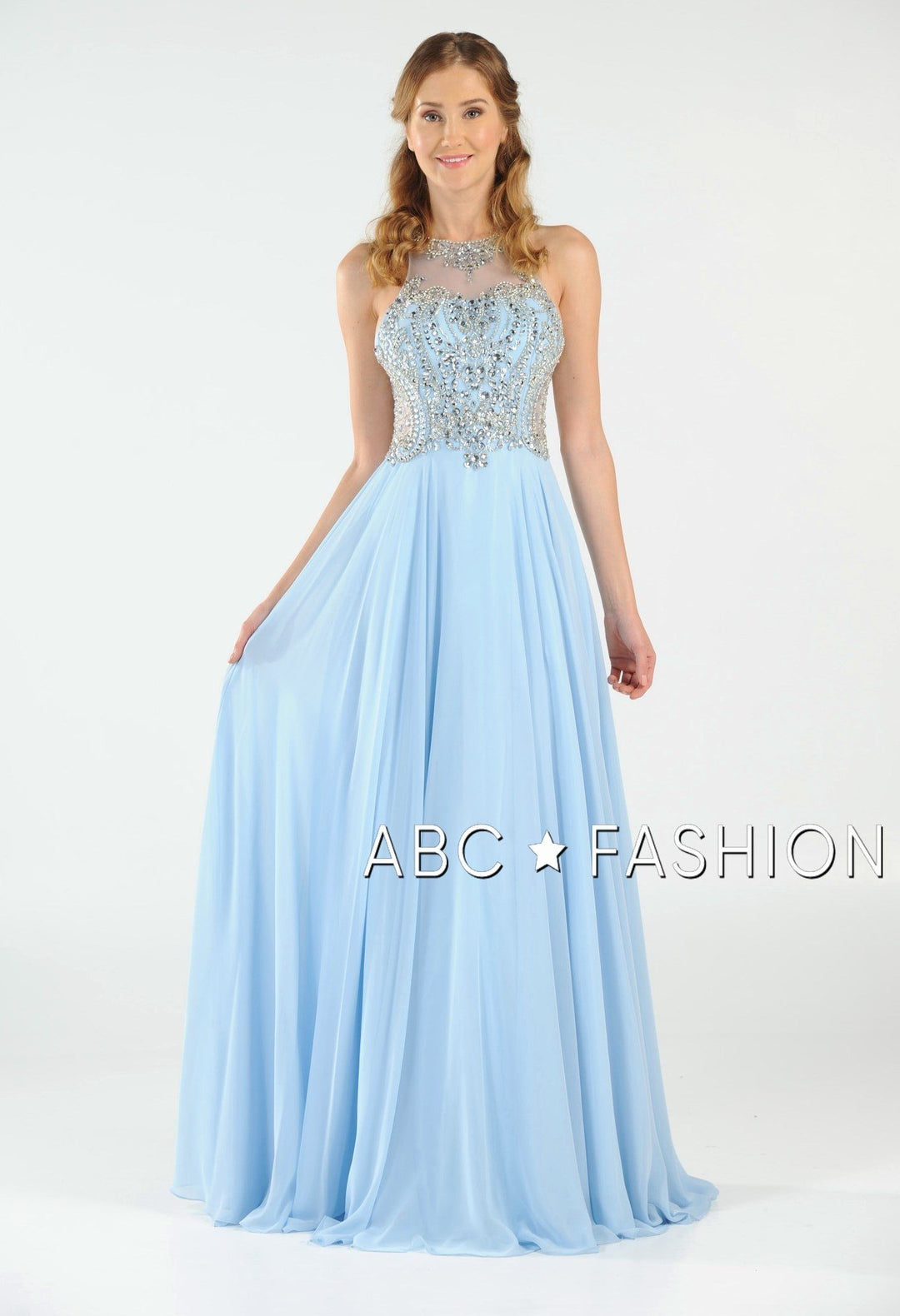 Long Chiffon Dress with Beaded Illusion Bodice by Poly USA 7912-Long Formal Dresses-ABC Fashion