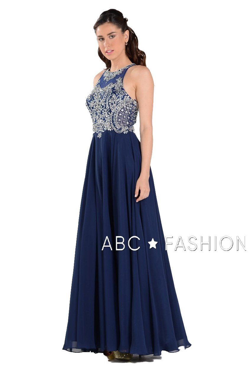 Long Chiffon Dress with Beaded Illusion Bodice by Poly USA 7912-Long Formal Dresses-ABC Fashion