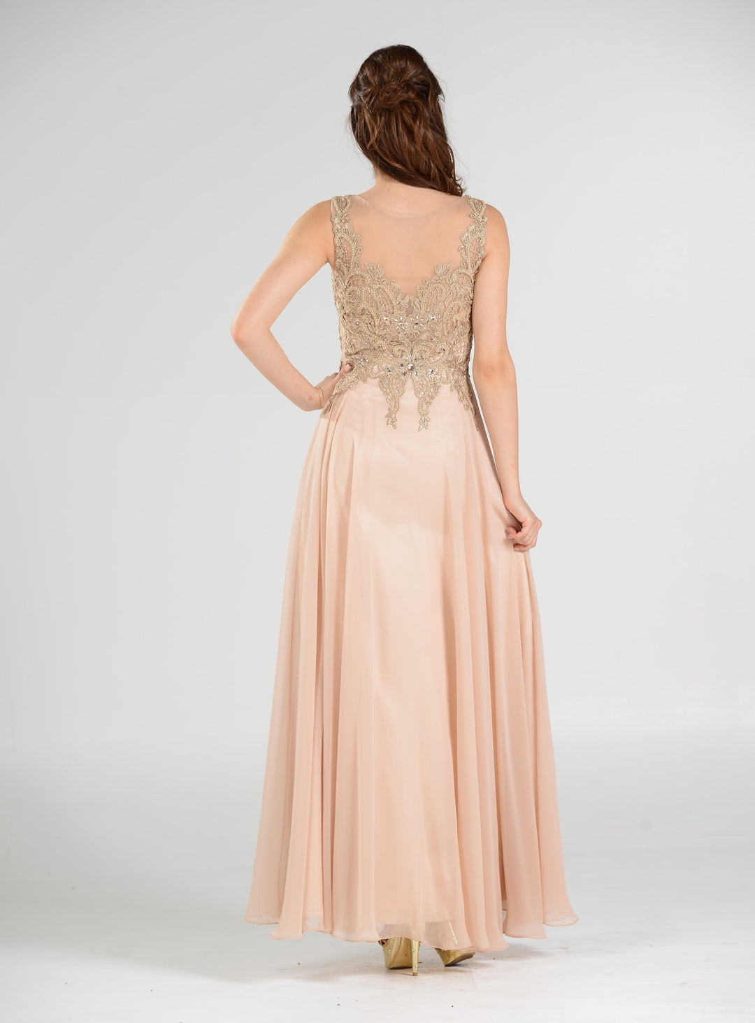 Long Chiffon Dress with Lace Applique Bodice by Poly USA 7644-Long Formal Dresses-ABC Fashion