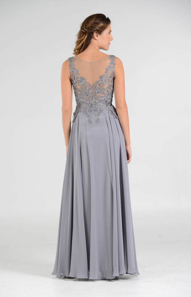 Long Chiffon Dress with Lace Applique Bodice by Poly USA 7644-Long Formal Dresses-ABC Fashion