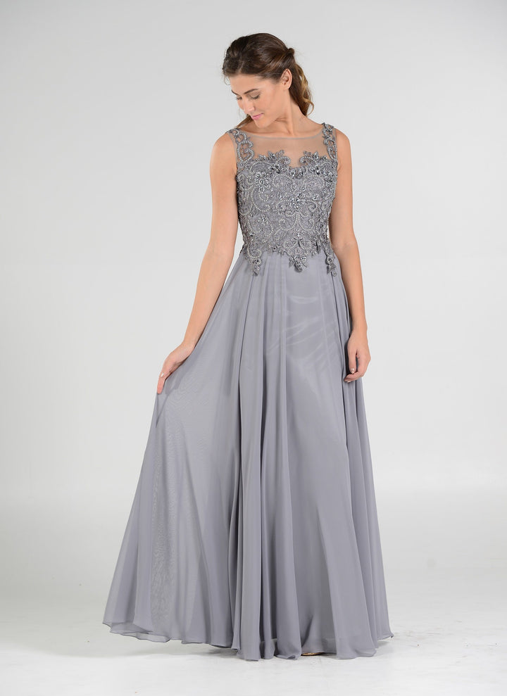 Long Chiffon Dress with Lace Applique Bodice by Poly USA 7644-Long Formal Dresses-ABC Fashion