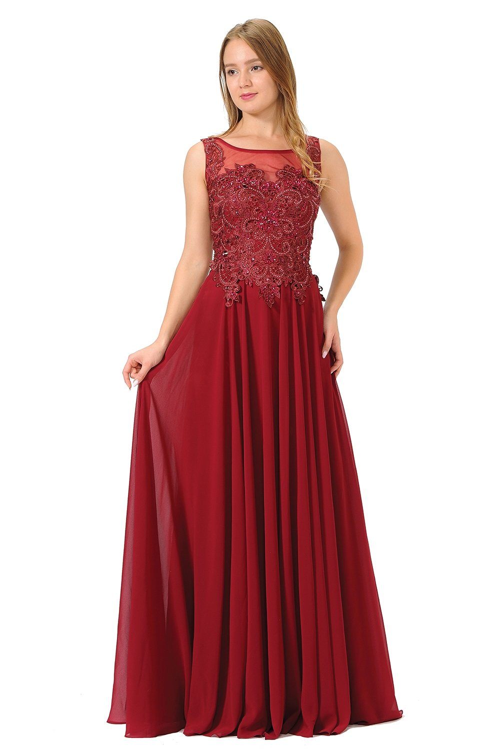 Long Chiffon Dress with Lace Applique Bodice by Poly USA 7644-Long Formal Dresses-ABC Fashion