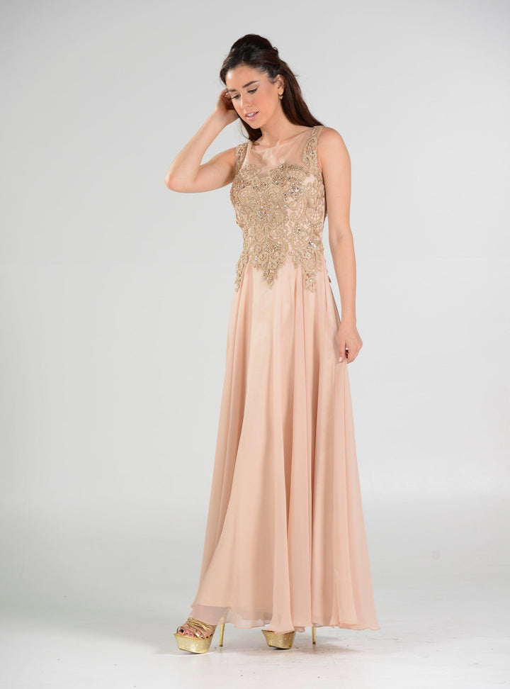 Long Chiffon Dress with Lace Applique Bodice by Poly USA 7644-Long Formal Dresses-ABC Fashion