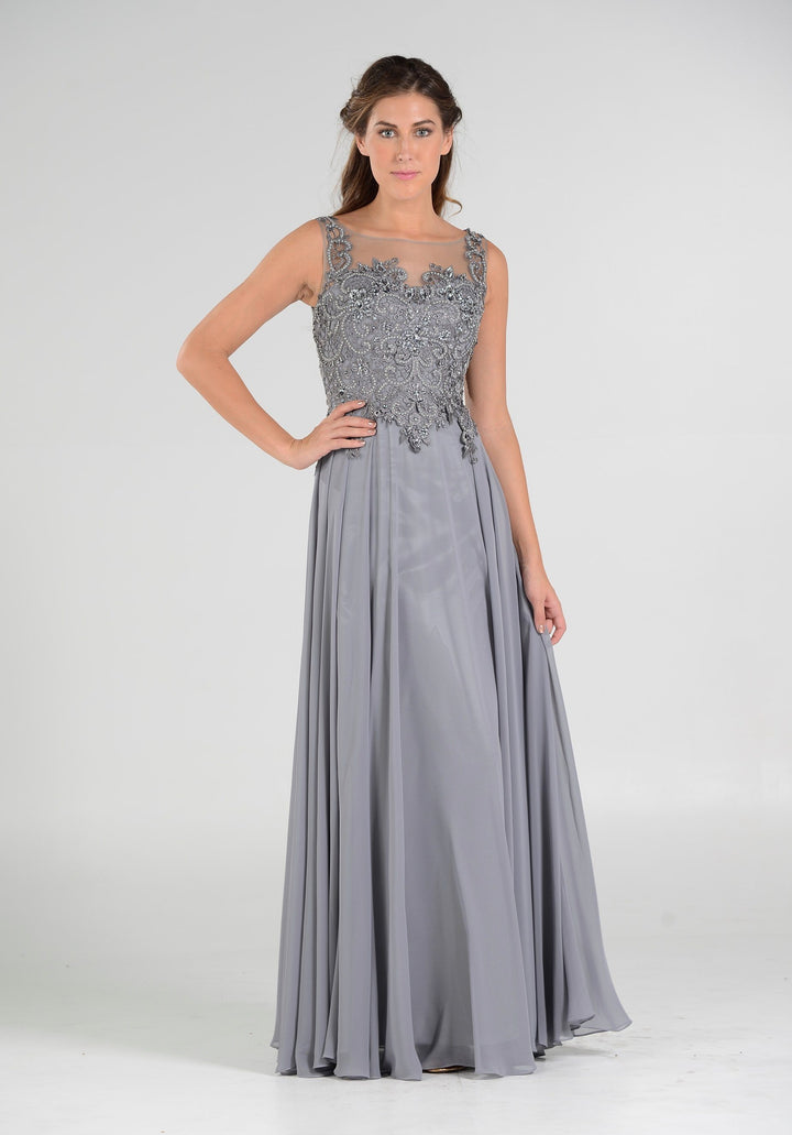 Long Chiffon Dress with Lace Applique Bodice by Poly USA 7644-Long Formal Dresses-ABC Fashion