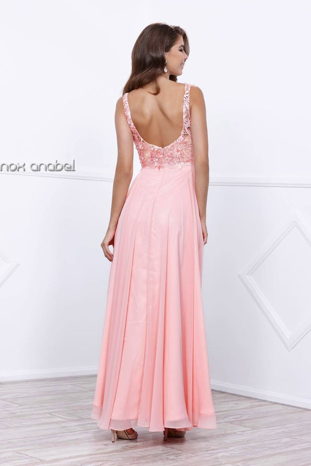Long Chiffon Dress with Lace Bodice by Nox Anabel 8297-Long Formal Dresses-ABC Fashion