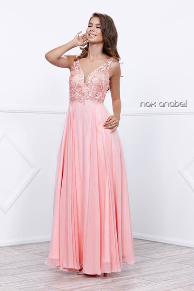 Long Chiffon Dress with Lace Bodice by Nox Anabel 8297-Long Formal Dresses-ABC Fashion
