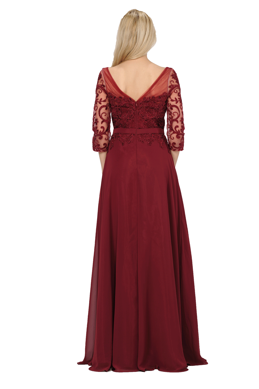 Long Chiffon Dress with Sheer Lace Sleeves by Poly USA 7598 M / Black Long Chiffon Dress with Sheer Lace Sleeves by Poly USA 7598 M / Black