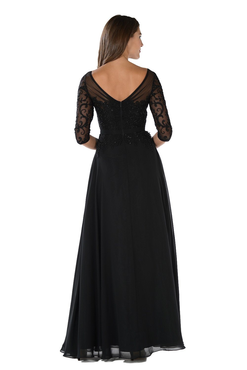 Poly USA 7598 Long Chiffon Dress with Sheer Lace Sleeves | FormalDressShops Black / M Poly USA 7598 Long Chiffon Dress with Sheer Lace Sleeves | FormalDressShops Black / M