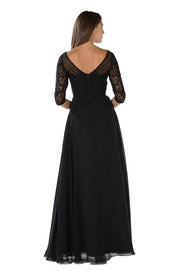 Long Black Dress with Illusion Lace Sleeves by Poly USA-Long Formal Dresses-ABC Fashion
