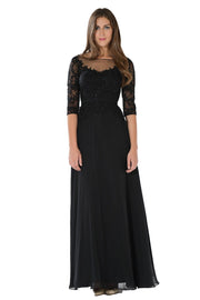 Long Black Dress with Illusion Lace Sleeves by Poly USA-Long Formal Dresses-ABC Fashion