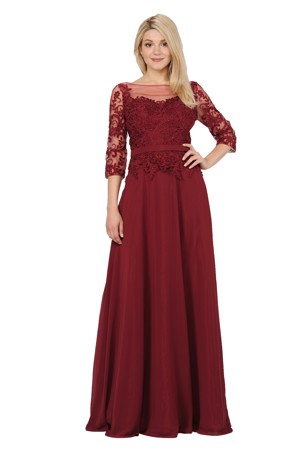 Long Chiffon Dress with Sheer Lace Sleeves by Poly USA 7598