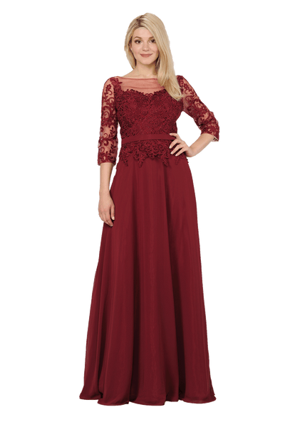 Long Chiffon Dress with Sheer Lace Sleeves by Poly USA 7598