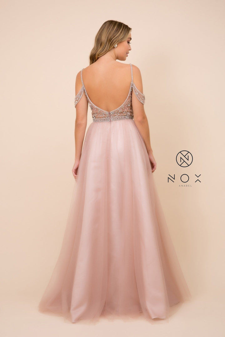 Long Cold Shoulder Beaded Bodice Dress by Nox Anabel L342