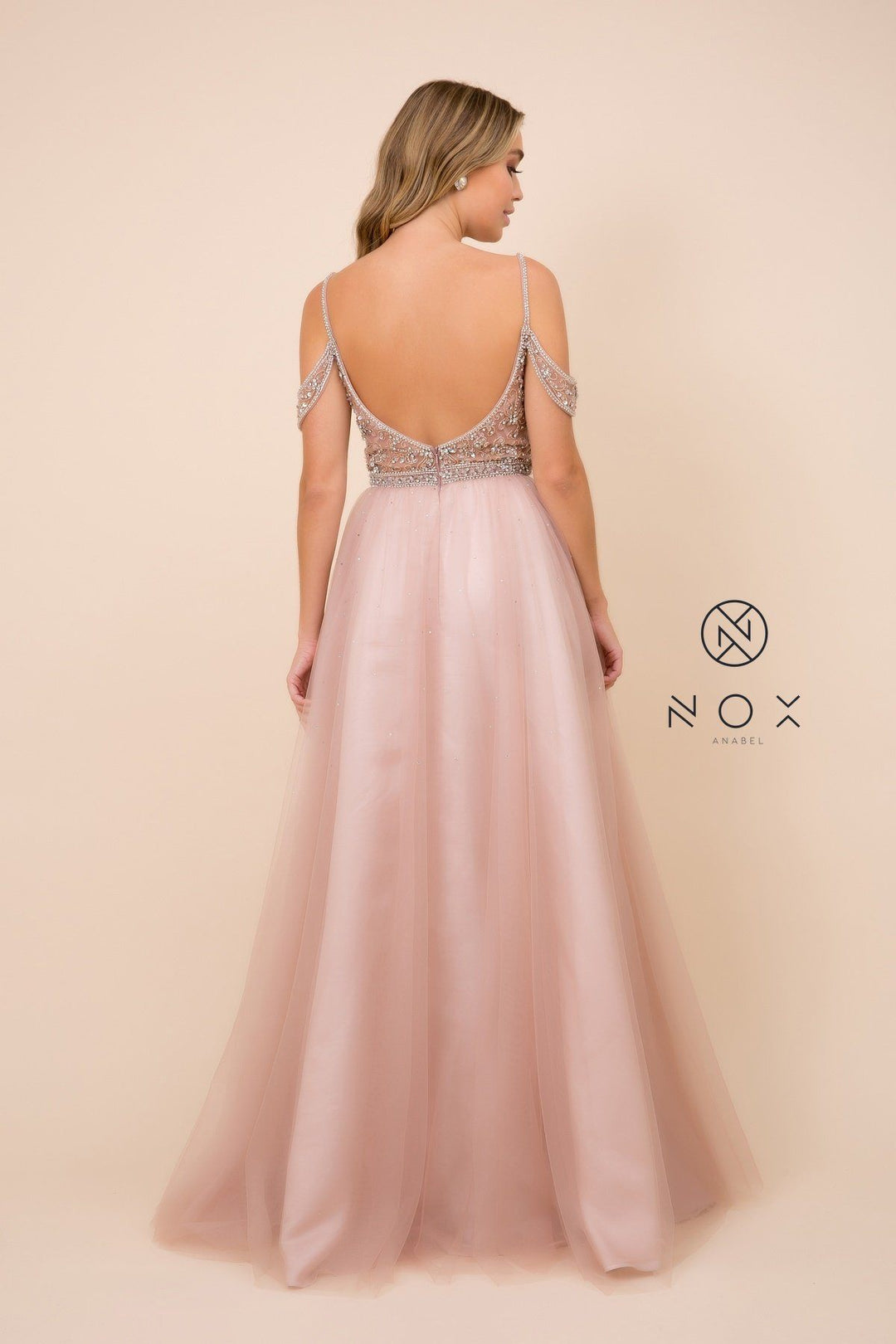 Long Cold Shoulder Beaded Bodice Dress by Nox Anabel L342