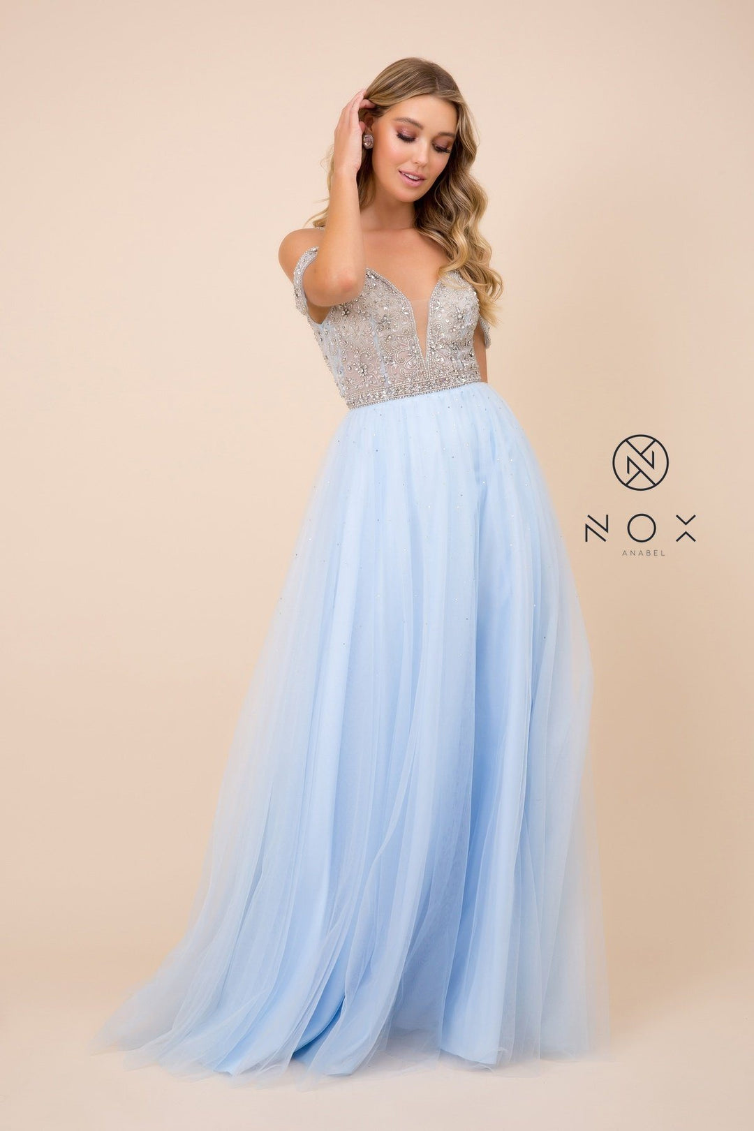 Long Cold Shoulder Beaded Bodice Dress by Nox Anabel L342