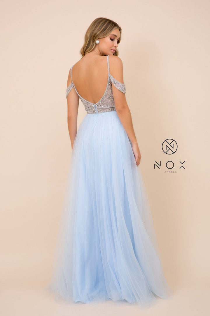 Long Cold Shoulder Beaded Bodice Dress by Nox Anabel L342