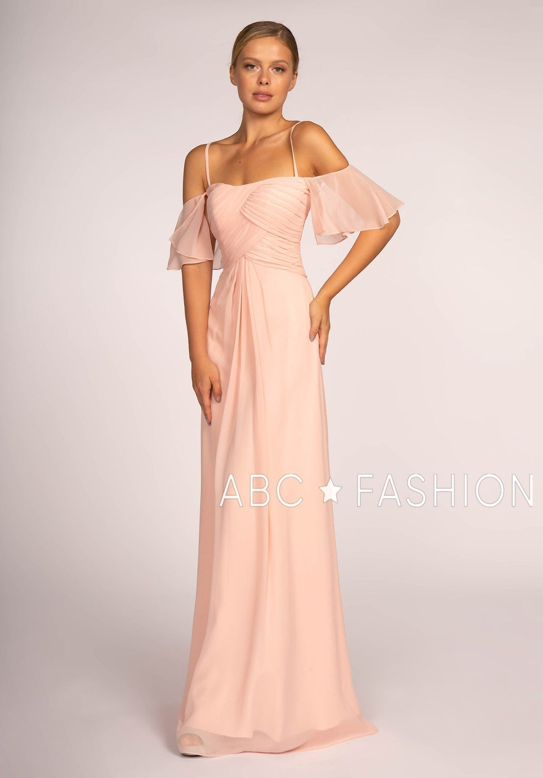 Long Cold Shoulder Dress with Pleated Bodice by Elizabeth K GL2615-Long Formal Dresses-ABC Fashion