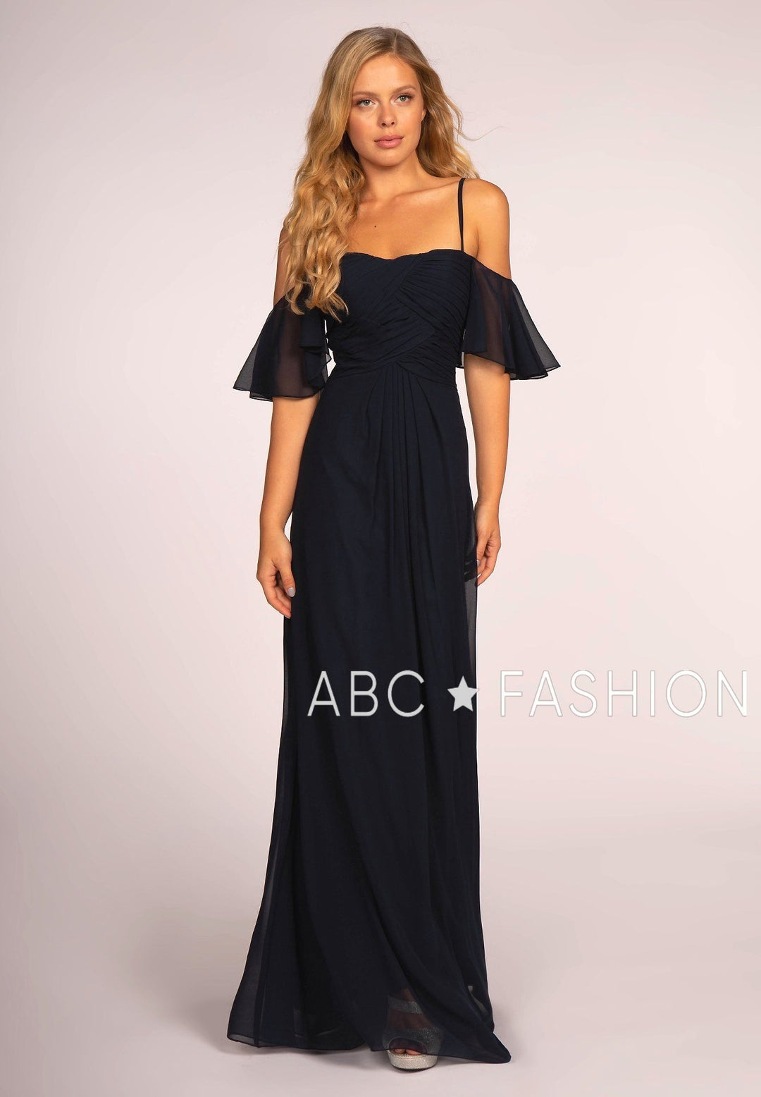 Long Cold Shoulder Dress with Pleated Bodice by Elizabeth K GL2615-Long Formal Dresses-ABC Fashion