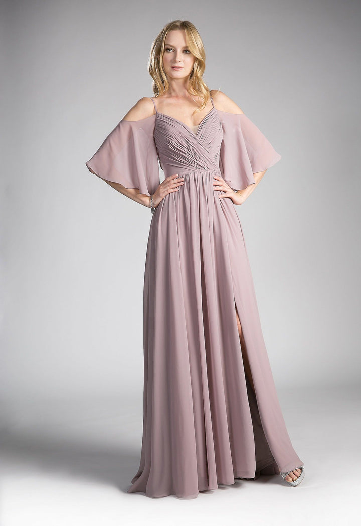 Long Cold Shoulder Dress with Ruched Bodice by Cinderella Divine CJ267-Long Formal Dresses-ABC Fashion
