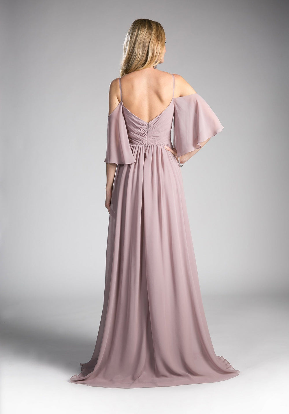 Long Cold Shoulder Dress with Ruched Bodice by Cinderella Divine CJ267-Long Formal Dresses-ABC Fashion