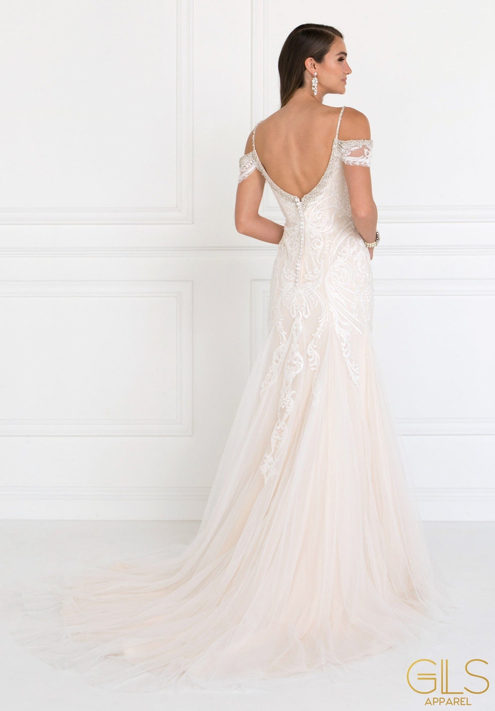 Long Cold Shoulder Ivory Wedding Dress by Elizabeth K-Long Formal Dresses-ABC Fashion